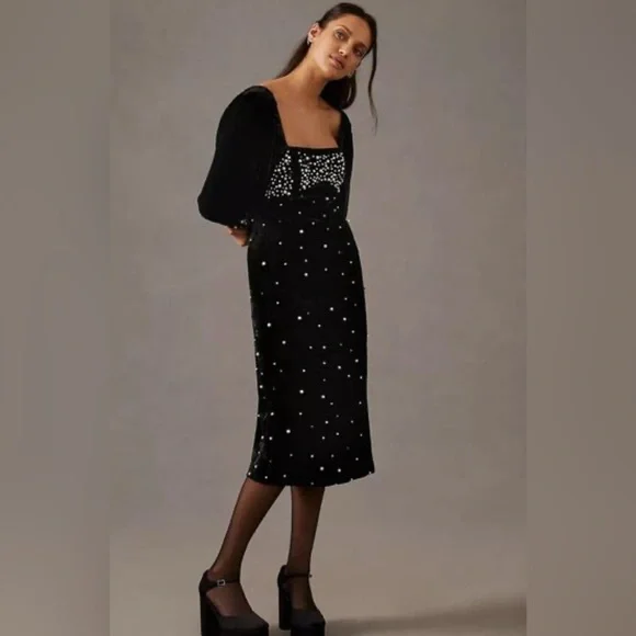 anthropologie black velvet dress Anthropologie Maeve Embellished Pearl Velvet Dress Size XL New – Finds For  You main image 0